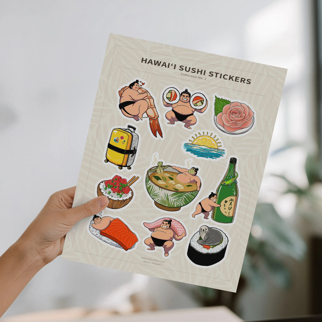 hand holding hawaii sticker sheet