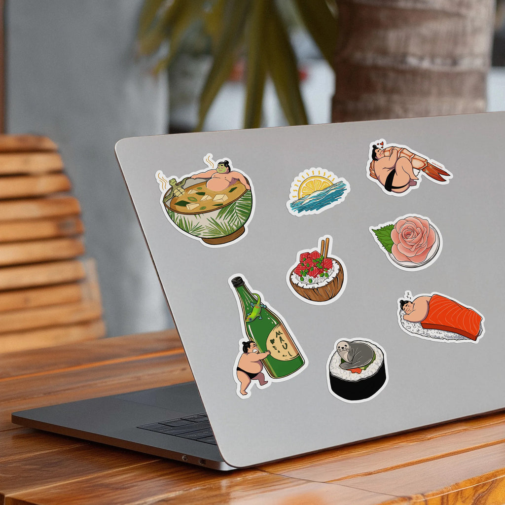 hawaii sushi stickers on laptop