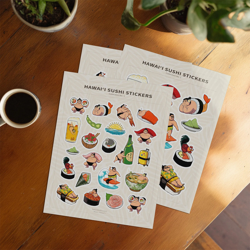 hawaii sushi sticker sheets on desk