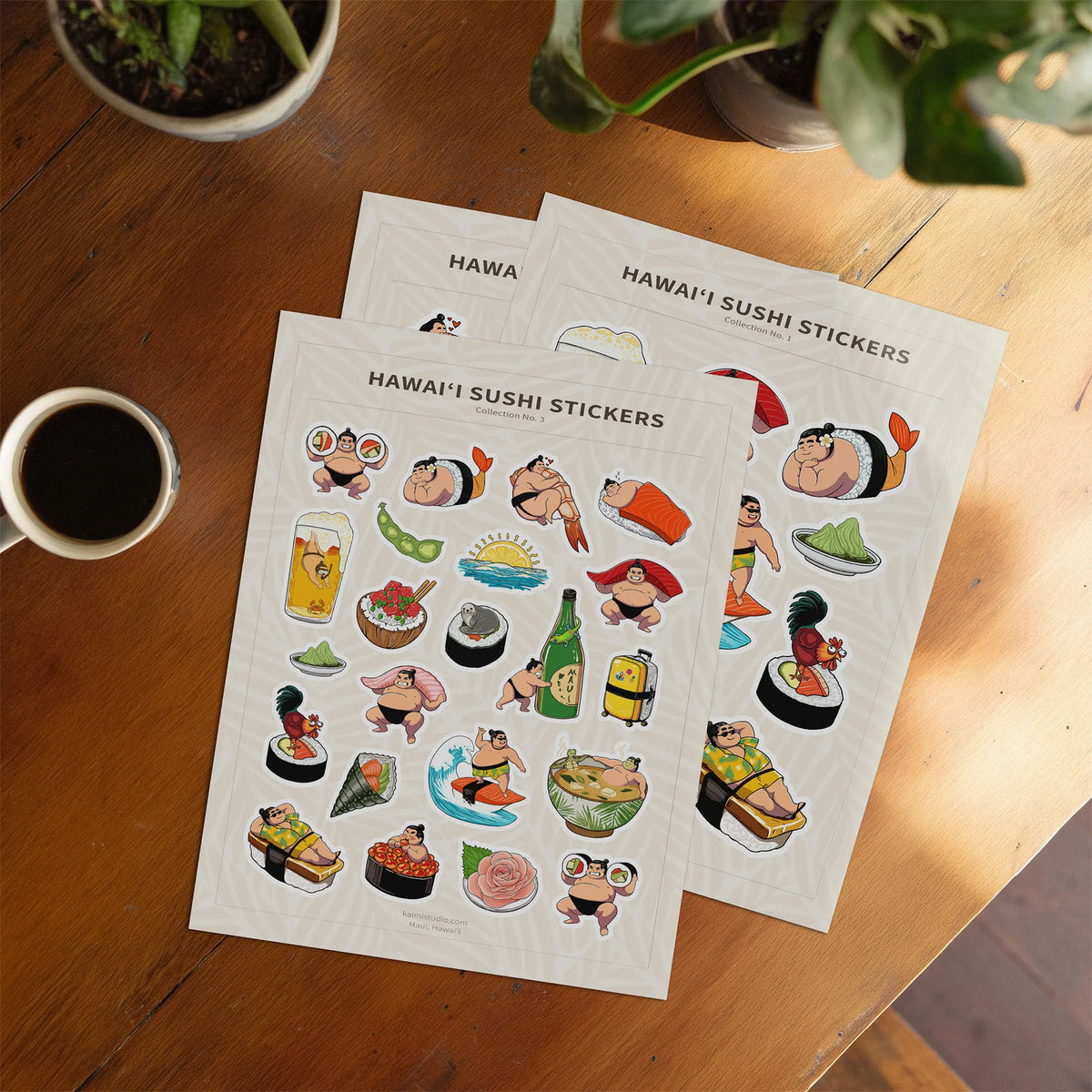 hawaii sushi sticker sheets on desk