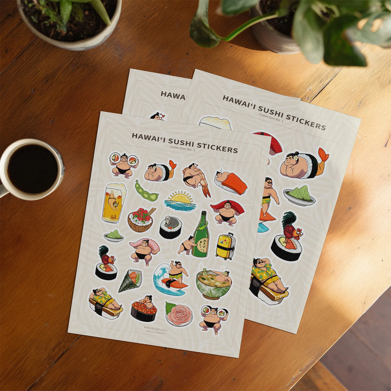 hawaii sushi sticker sheets on desk