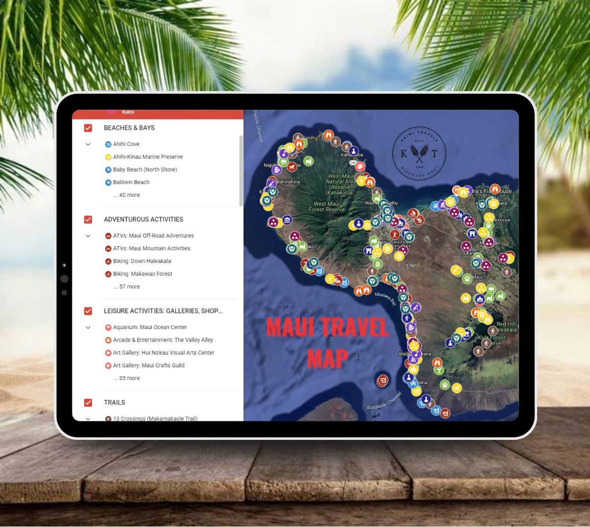 screenshot of maui travel map with legend showing on tablet