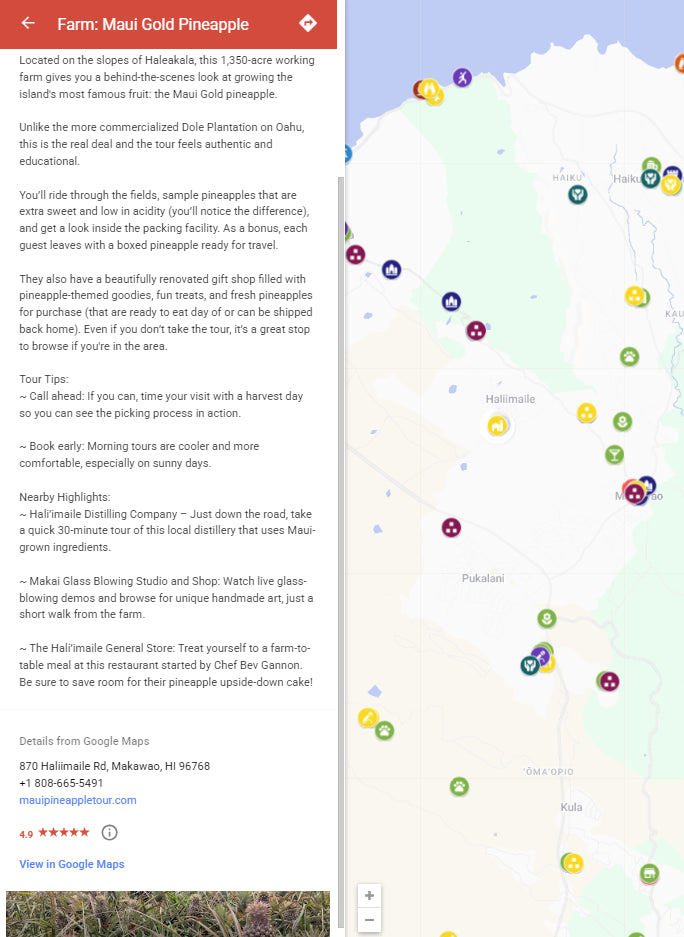 Screenshot of Maui Travel Map - marker details for Maui Gold Pineapple Farm