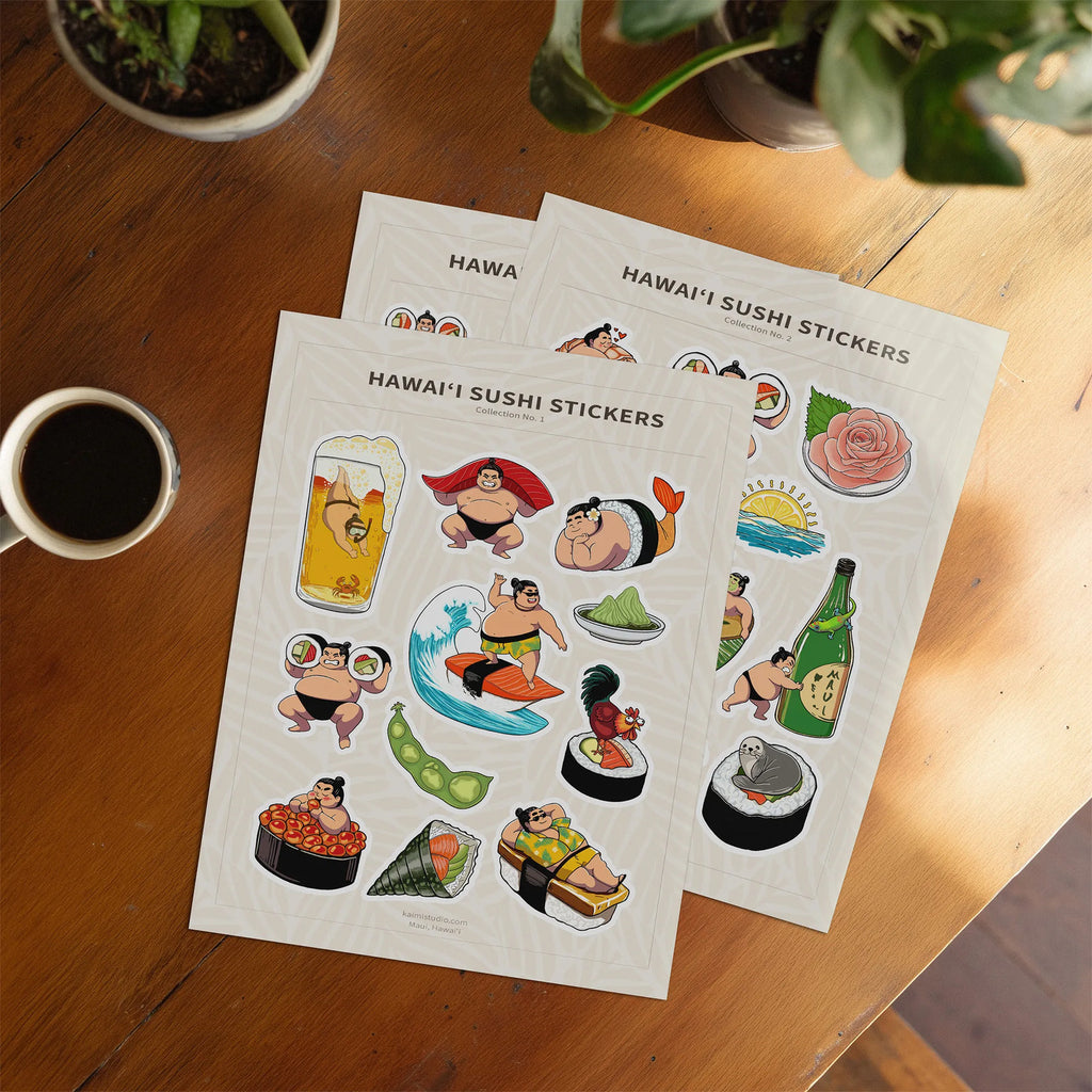 hawaii sushi sticker sheets on desk
